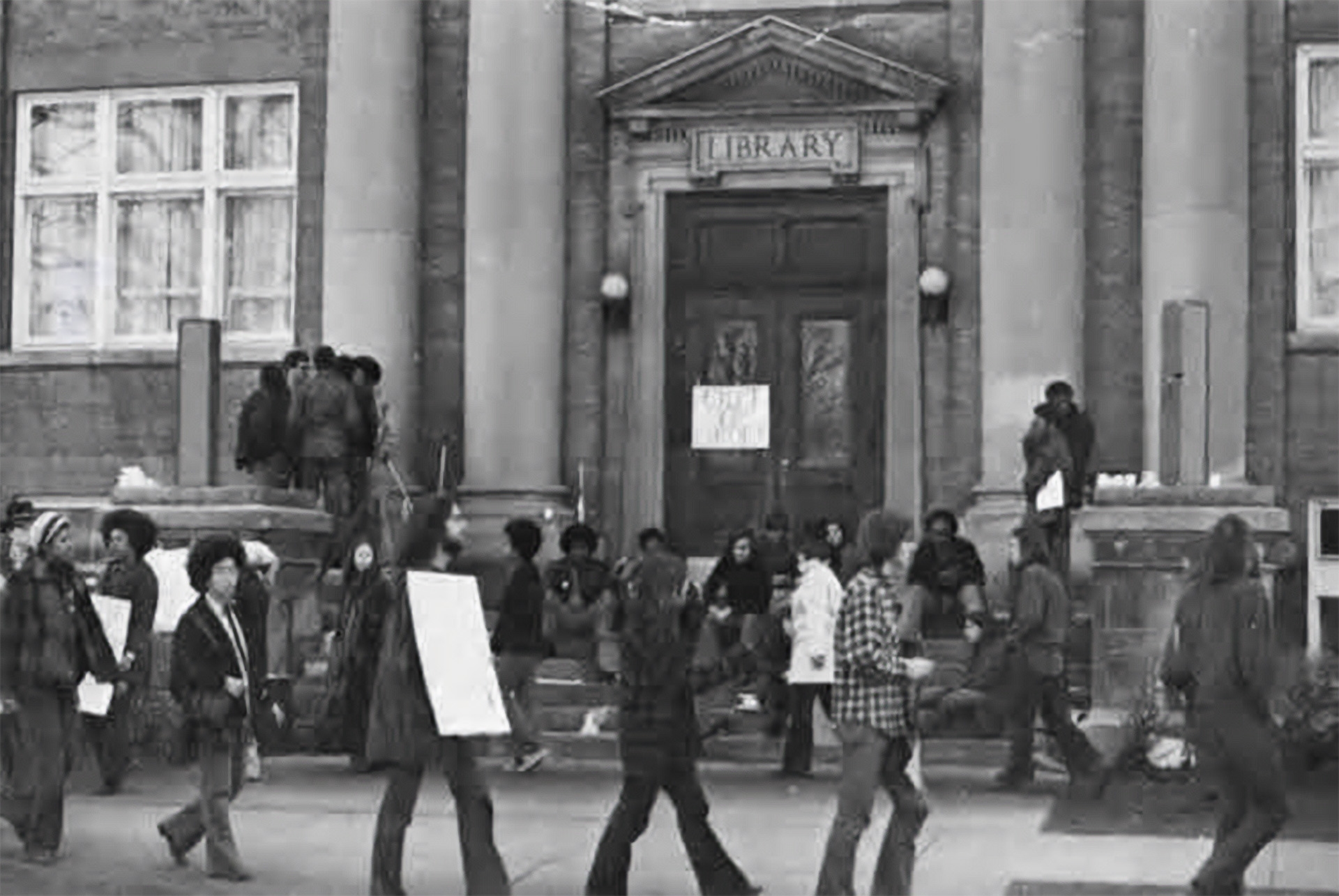 Students advocating for racial equality picket outside the Lawrence University Administration Building in 1972.