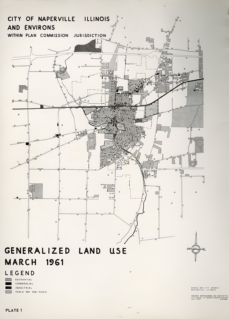 As seen in this 1961 map from Naperville, IL, zoning divides communities into residential, industrial, and commercial zones. Separating land use can make for more desirable living conditions, but it can also exclude people who cannot access their preferred home style or price.