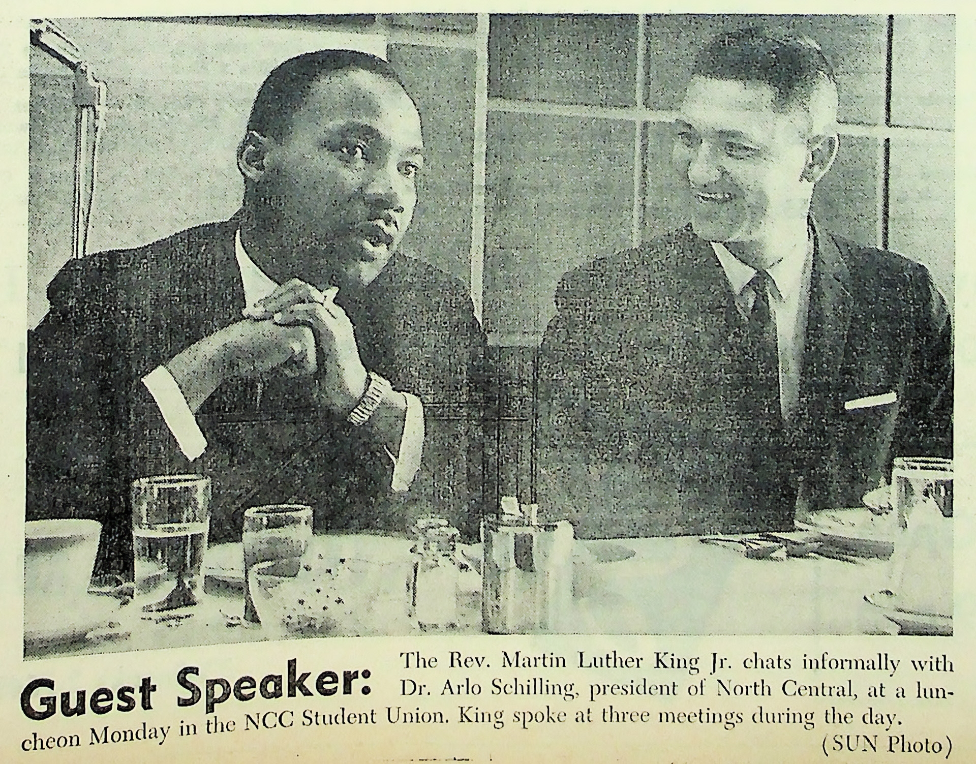 Naperville Sun photograph<strong></strong>of Rev. Martin Luther King, Jr. and Arlo Schilling, president of North Central College, at November 21, 1960 luncheon. King told the crowd, "We have privilege of standing between two ages--the dying old and the emerging new.” The old world, defined by imperialism and segregation, would only yield to the new one with the rejection of bigotry and the promotion of understanding.