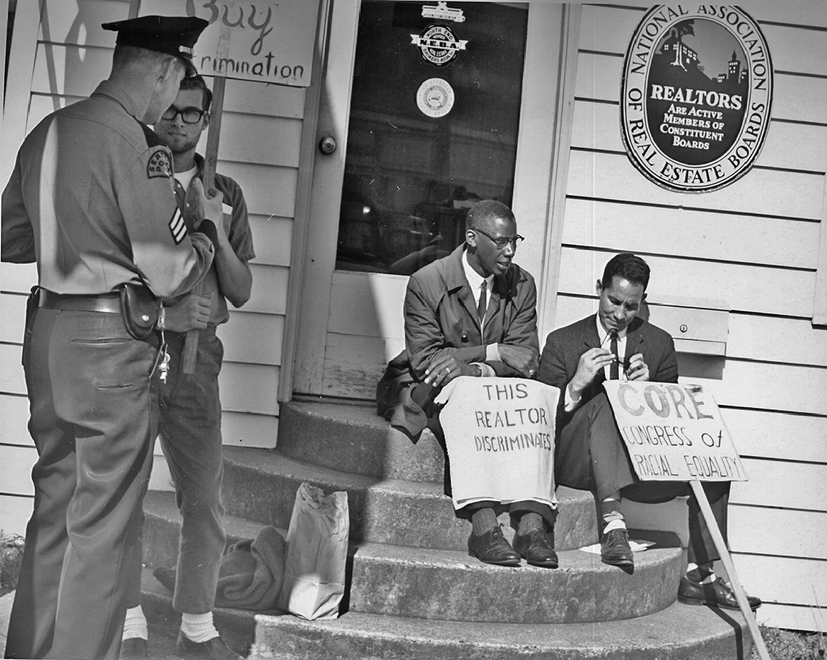 Fair housing protest, Seattle, Washington, 1964. Confronting racial discrimination in housing sales. CORE-sponsored demonstration at realtor office of Picture Floor Plans, Inc.