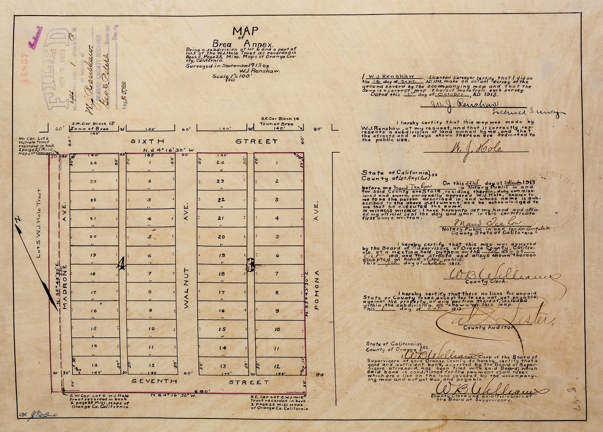 A 1913 map of the newly-established annexations to Brea, CA.