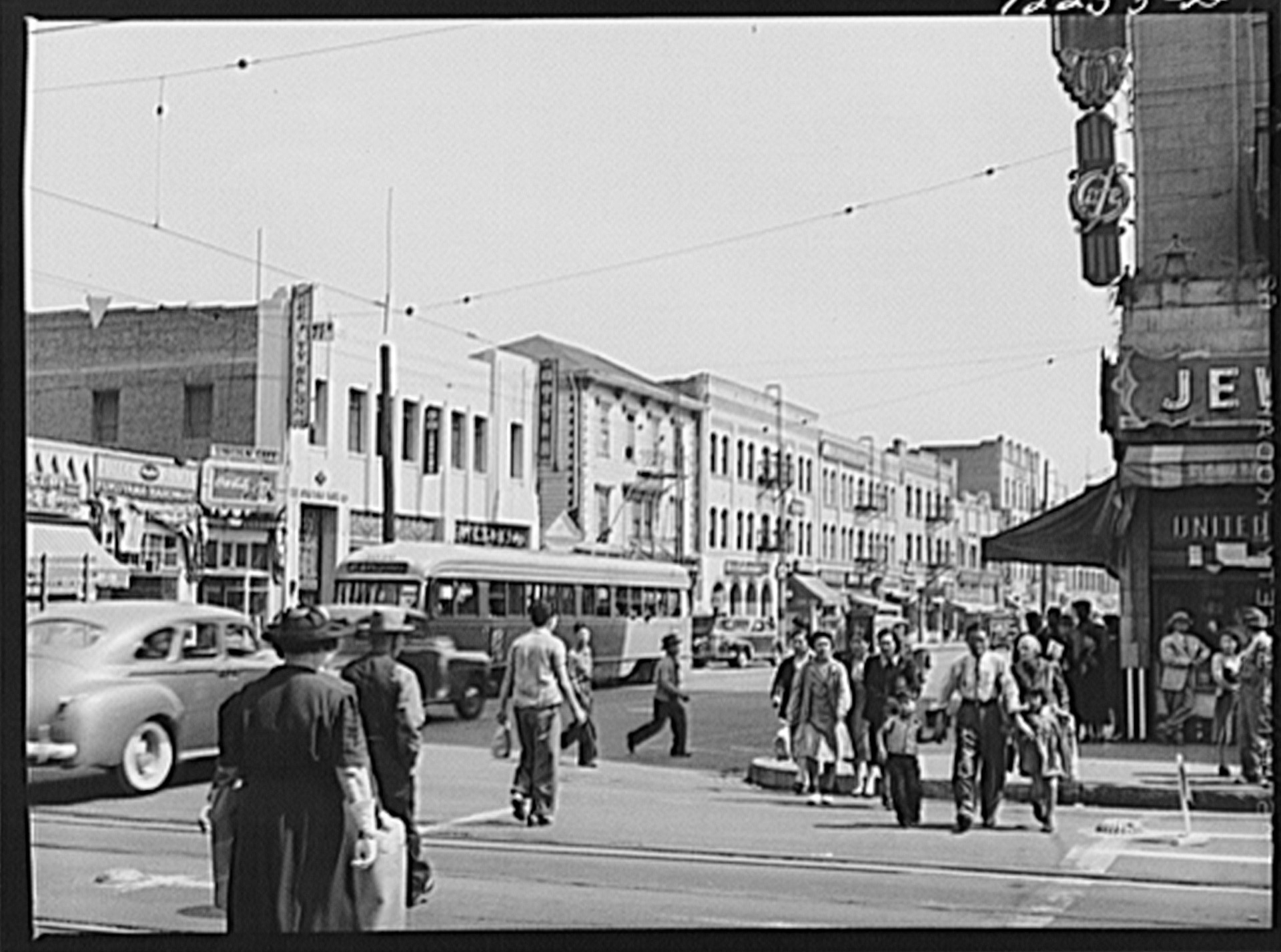 View of a street in Little Tokyo in Los Angeles, California in 1942.