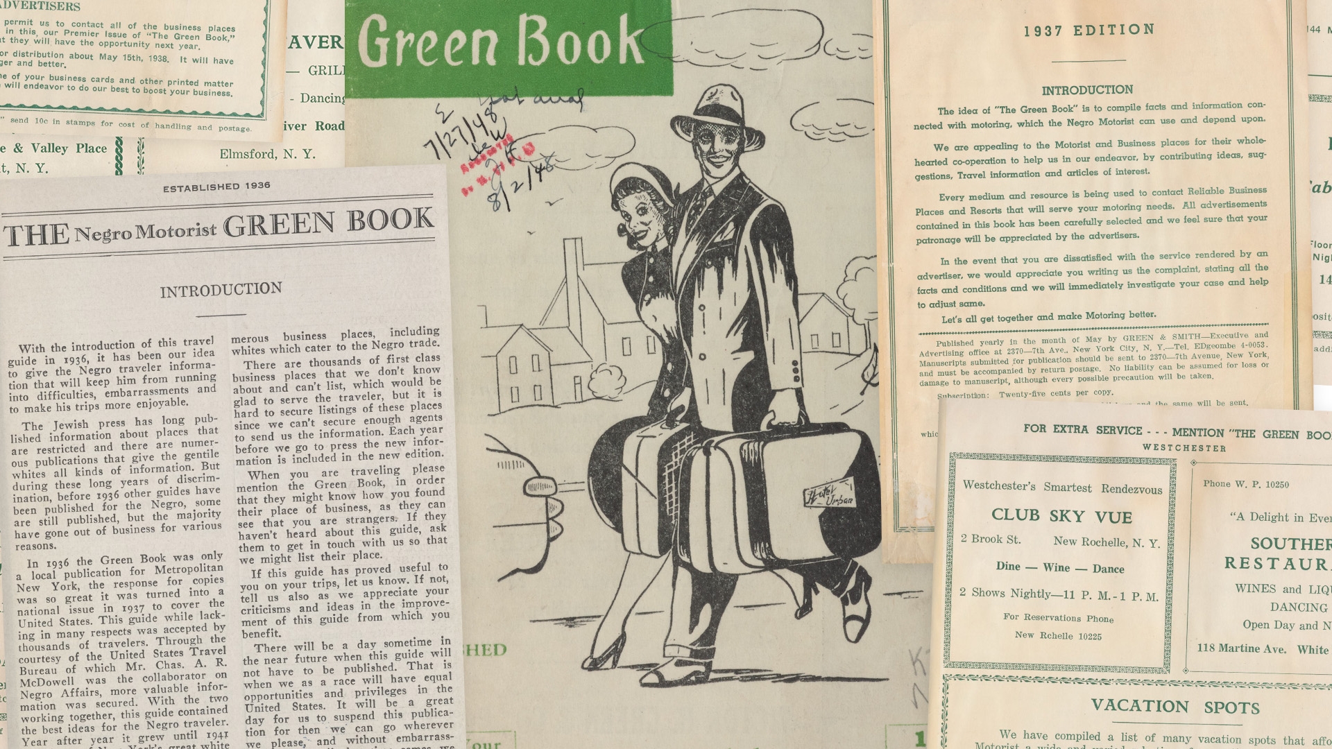 Collage of pages from The Green Book, an annual guidebook for African-American roadtrippers founded and published by New York City mailman Victor Hugo Green from 1936 to 1967.
