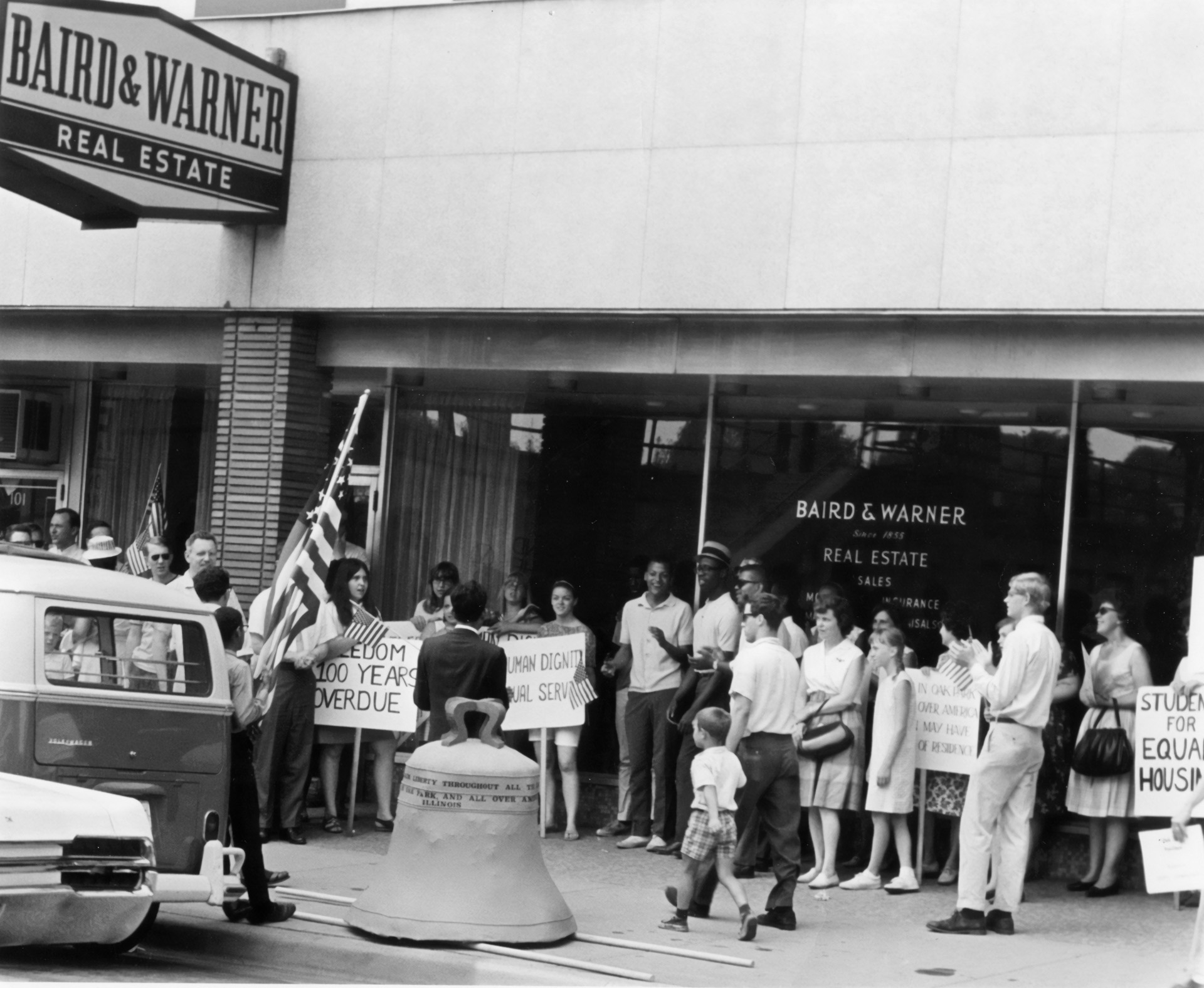 Fair Housing protest marchers outside Baird &amp; Warner realty office in Oak Park, IL.