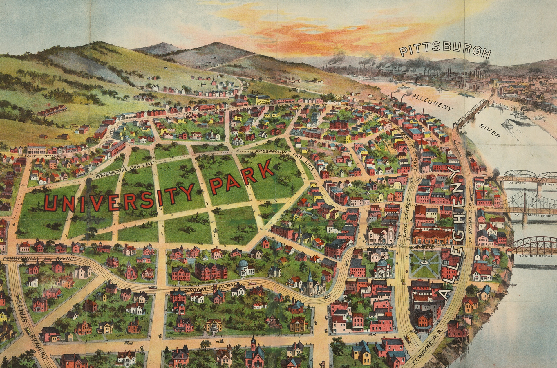 Advertising poster announcing sale of residential lots in "University Park" in Allegheny, Pennsylvania, showing a bird's-eye view of Allegheny with the Allegheny River on the right and Pittsburgh across the river, in the background.