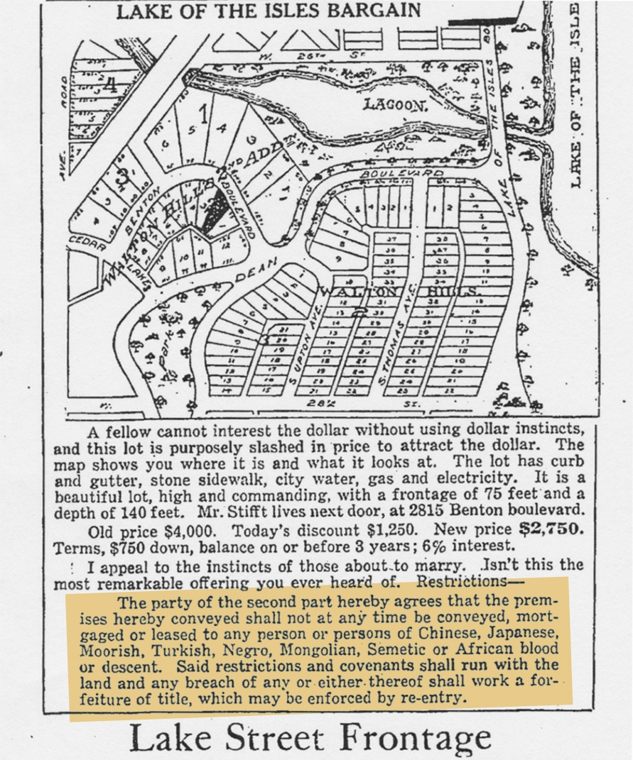 Real estate advertisements broadcast their restrictions to make their developments attractive to potential White buyers, from the Minneapolis Morning Tribune, January 12, 1919.
