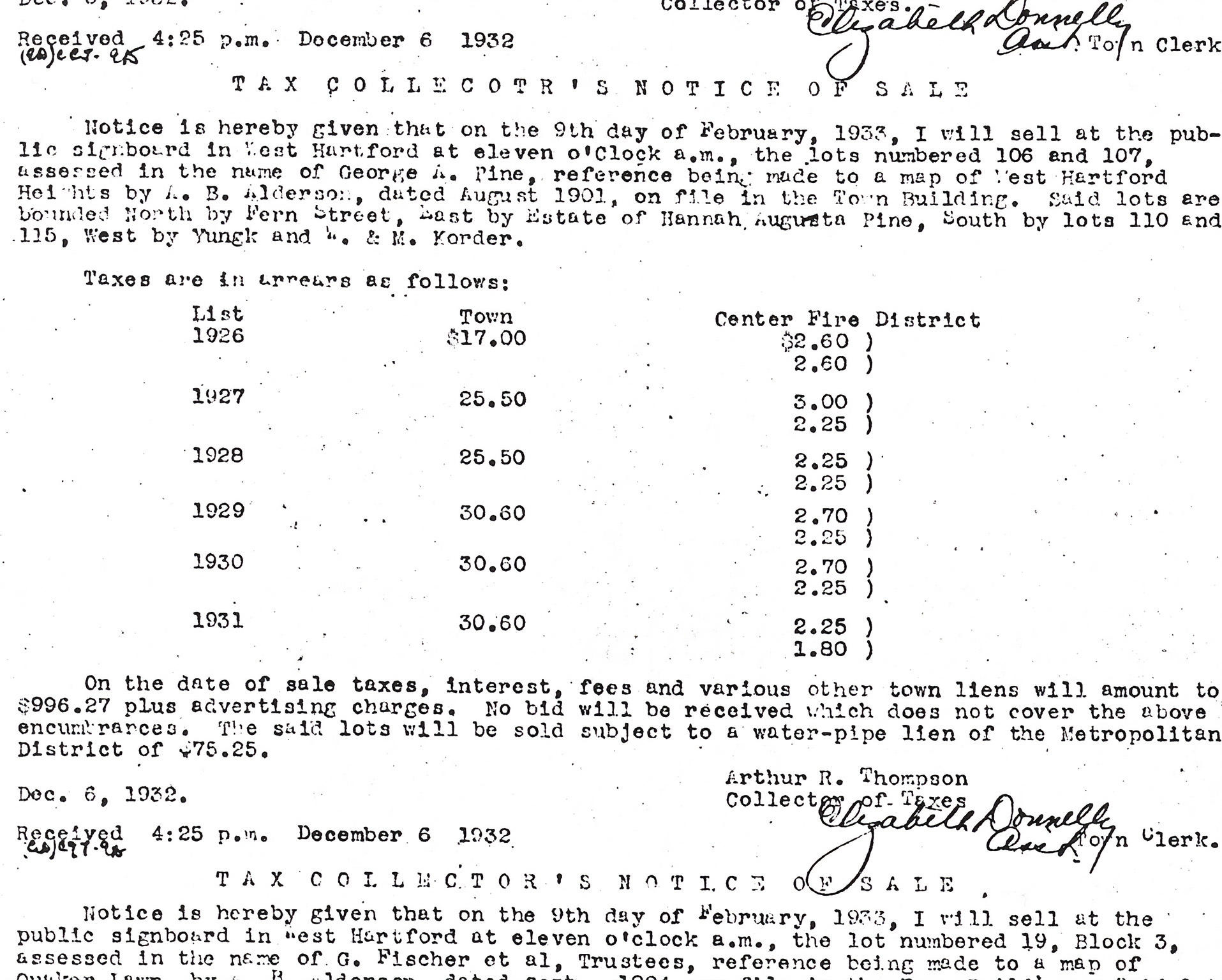 Tax Collector's Notice of Sale dated December 6, 1932 for George Pine's property.