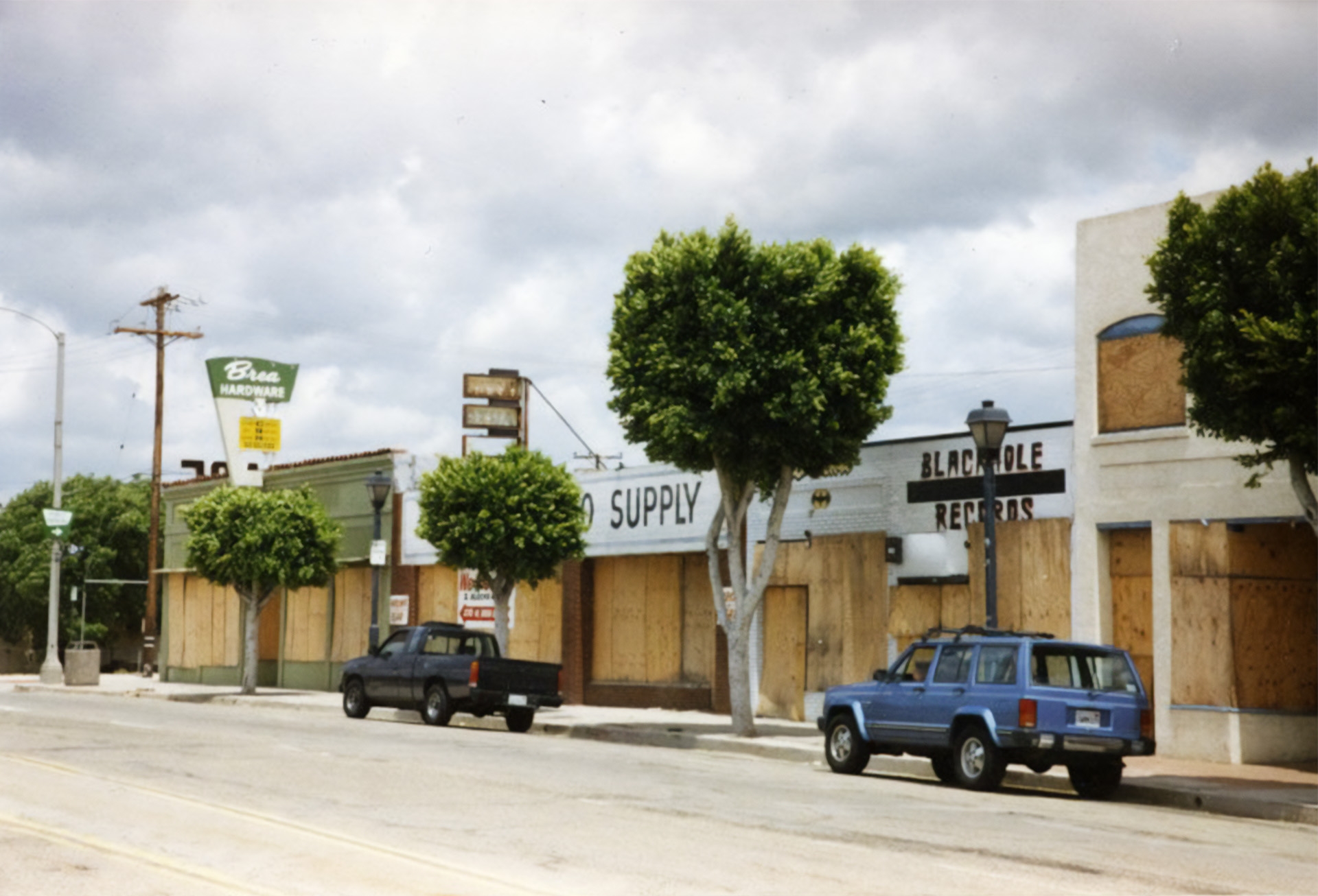 Looking like a ghost town, during the 1990s, Brea businesses are boarded up awaiting demolition during redevelopment.